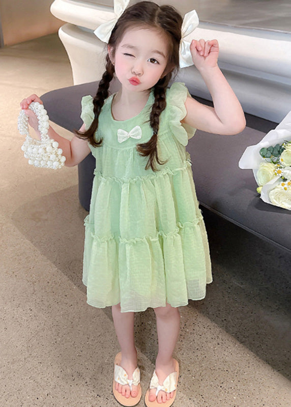 Light Green O-Neck Tulle Girls Mid Dresses Short Sleeve