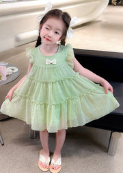 Light Green O-Neck Tulle Girls Mid Dresses Short Sleeve