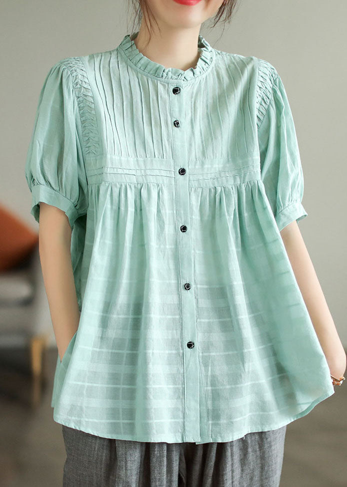 Light Green Patchwork Cotton Shirts Top Wrinkled Button Summer