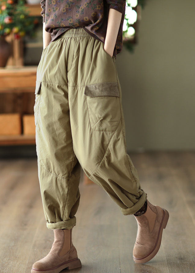 Light Green Patchwork Fine Cotton Filled Harem Pants Oversized Thick Winter