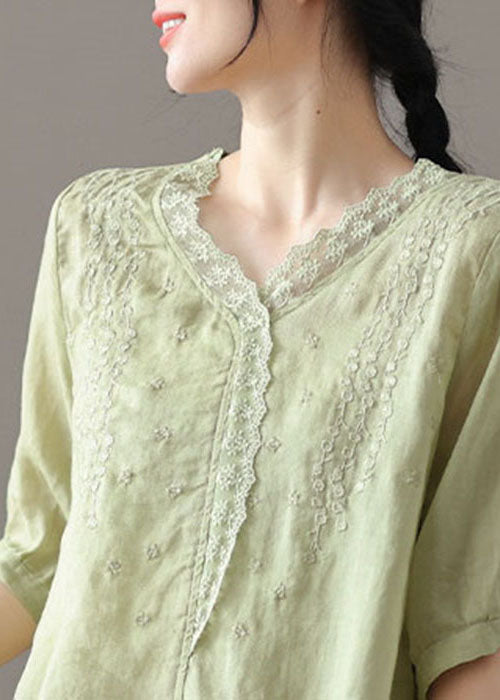 Light Green Patchwork Lace Linen Shirts V Neck Half Sleeve