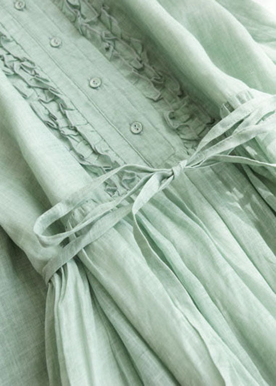 Light Green Patchwork Linen Dresses Ruffled Button Summer