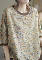 Light Green Patchwork Print Cotton T Shirt O Neck Summer