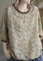 Light Green Patchwork Print Cotton T Shirt O Neck Summer