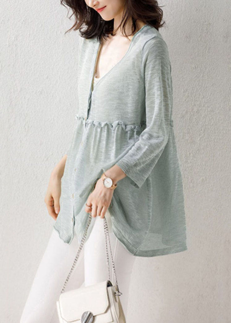 Light Green Patchwork Thin Knit Cardigan V Neck Ruffled Summer