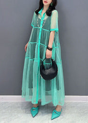 Light Green Patchwork Tulle Shirts Dress Peter Pan Collar Wrinkled Summer