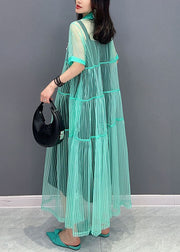 Light Green Patchwork Tulle Shirts Dress Peter Pan Collar Wrinkled Summer