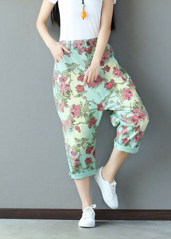 Light Green Print Cotton Pants High Waist Oversized Spring