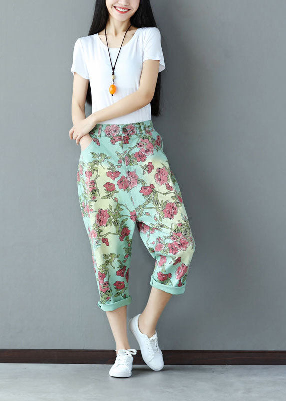 Light Green Print Cotton Pants High Waist Oversized Spring