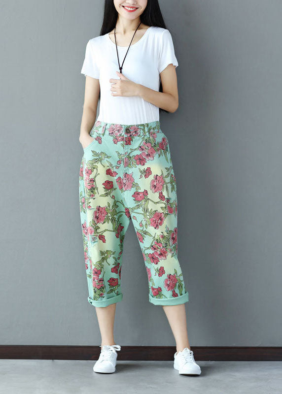 Light Green Print Cotton Pants High Waist Oversized Spring