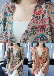 Light Green Print Patchwork Mink Hair Knitted Coats V Neck Long Sleeve