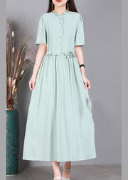 Light Green Print Tie Waist Linen Maxi Dresses Short Sleeve