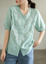 Light Green V Neck Lace Patchwork Ruffled Cotton Shirt Short Sleeve