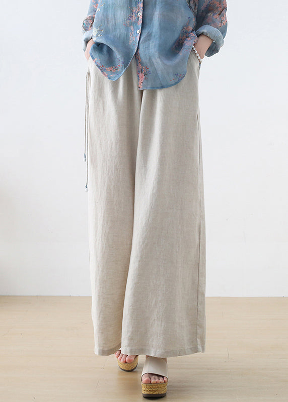 Light Grey Oversized Linen Straight Pants Trousers Tasseled Fall