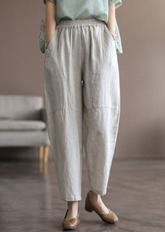 Light Grey Pockets Patchwork Linen Crop Pants Summer