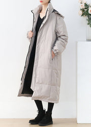 Light Grey Stand Collar Button Pockets Zippered Duck Down Coat Long Sleeve