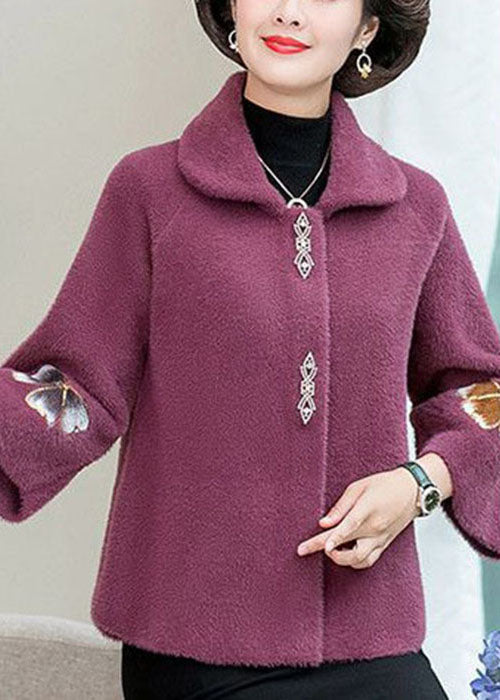 Light Purple Mink Hair Knitted Jackets Square Collar Embroideried Winter