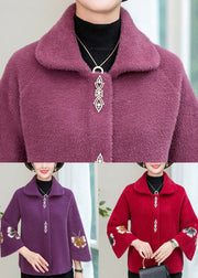 Light Purple Mink Hair Knitted Jackets Square Collar Embroideried Winter