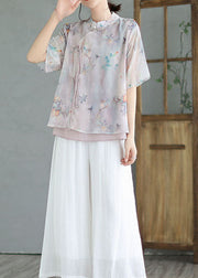 Light Purple Patchwork Cotton Blouses Tasseled Chinese Button Summer