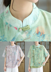 Light Purple Patchwork Cotton Blouses Tasseled Chinese Button Summer