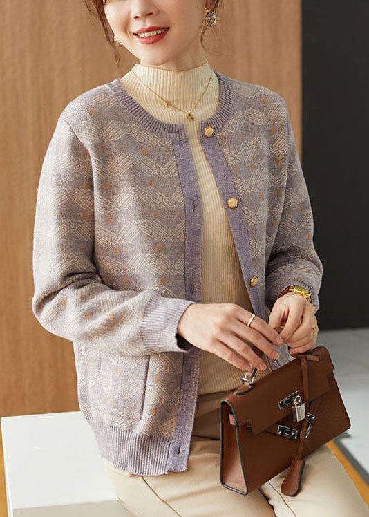 Light Purple Print Woolen Loose Coat Outwear Pearl Button Fall