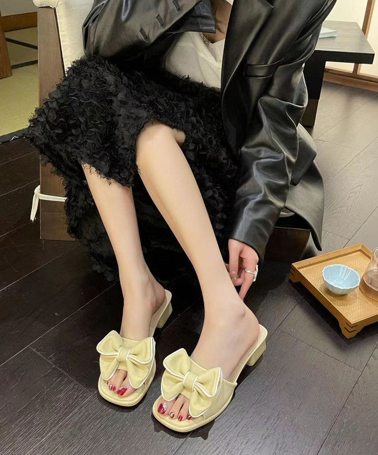 Light Yellow Chunky Faux Leather Chic Splicing Bow Slide Sandals