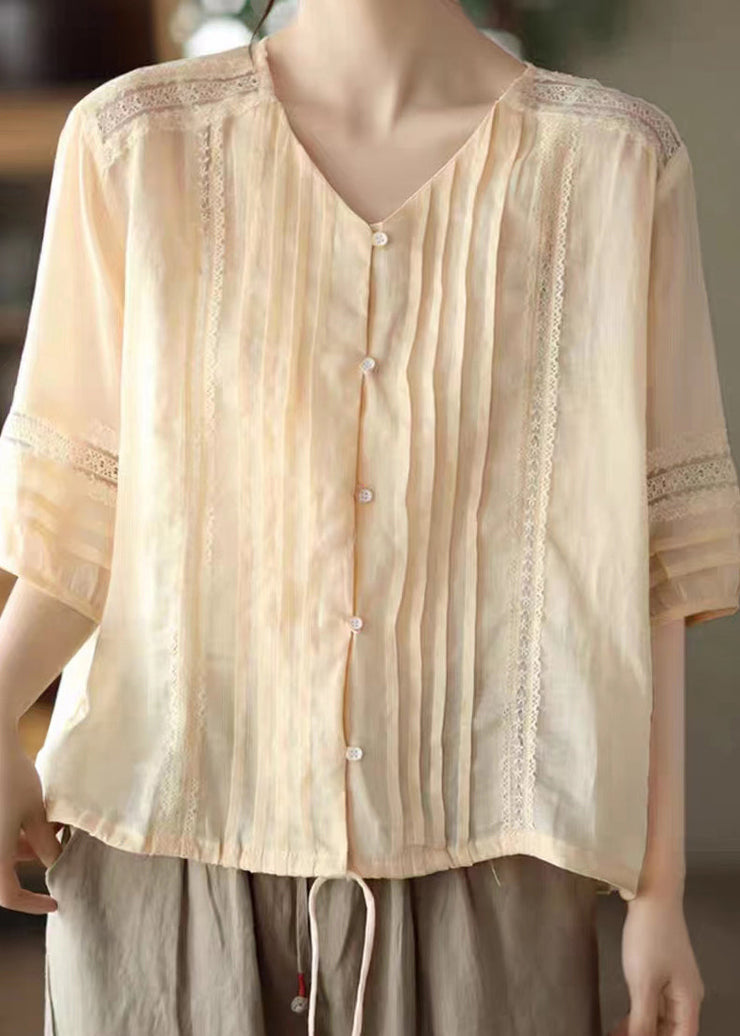 Light Yellow Patchwork Linen Shirt V Neck Lace Button Summer