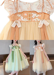 Light Yellow Square Collar Patchwork Tulle Girls Long Dresses Summer