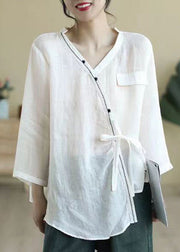 Loose Apricot Asymmetrical Lace Up Patchwork Linen Shirt Fall