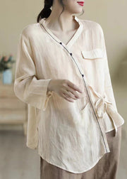 Loose Apricot Asymmetrical Lace Up Patchwork Linen Shirt Fall