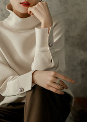 Loose Apricot Colour Turtleneck Button Nail bead Sweatshirts Long Sleeve