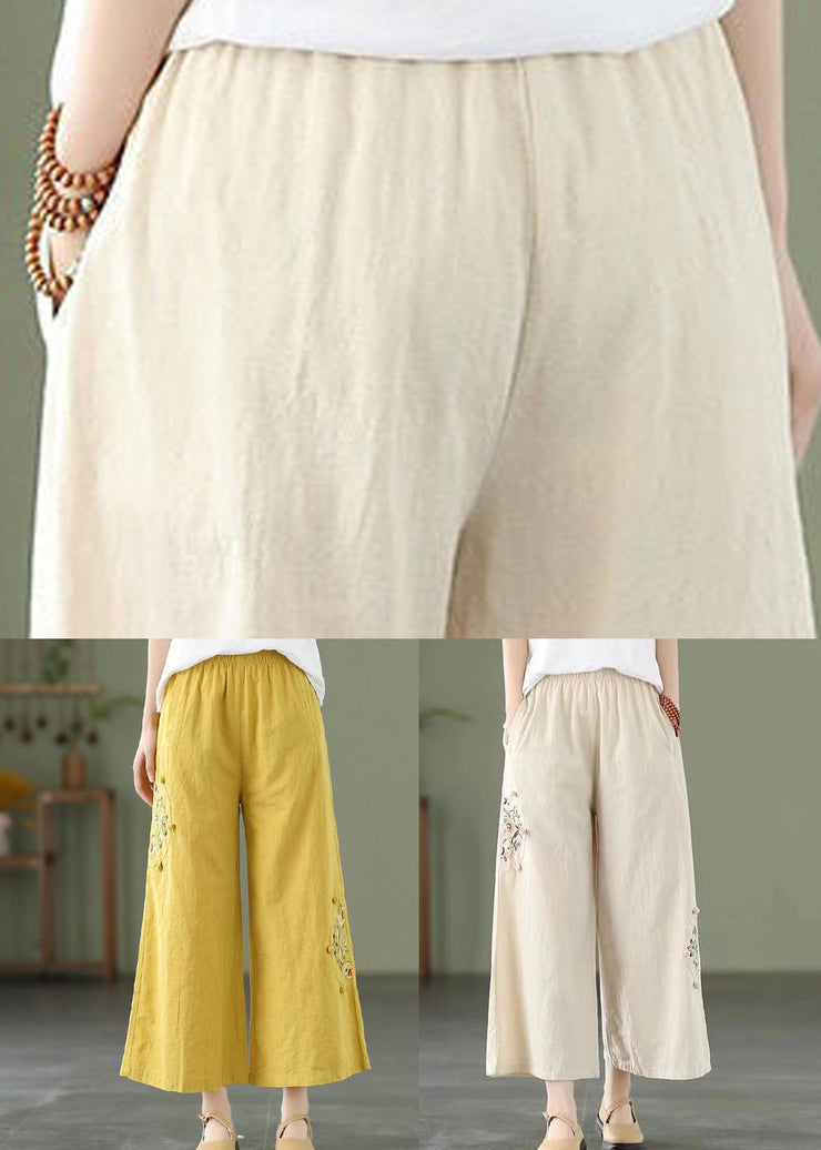 Loose Apricot Embroidered High Waist Cotton Crop Pants Summer