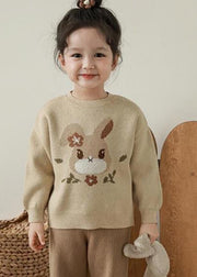 Loose Apricot O-Neck Print Cotton Knit Kids Sweater Winter