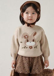 Loose Apricot O-Neck Print Cotton Knit Kids Sweater Winter