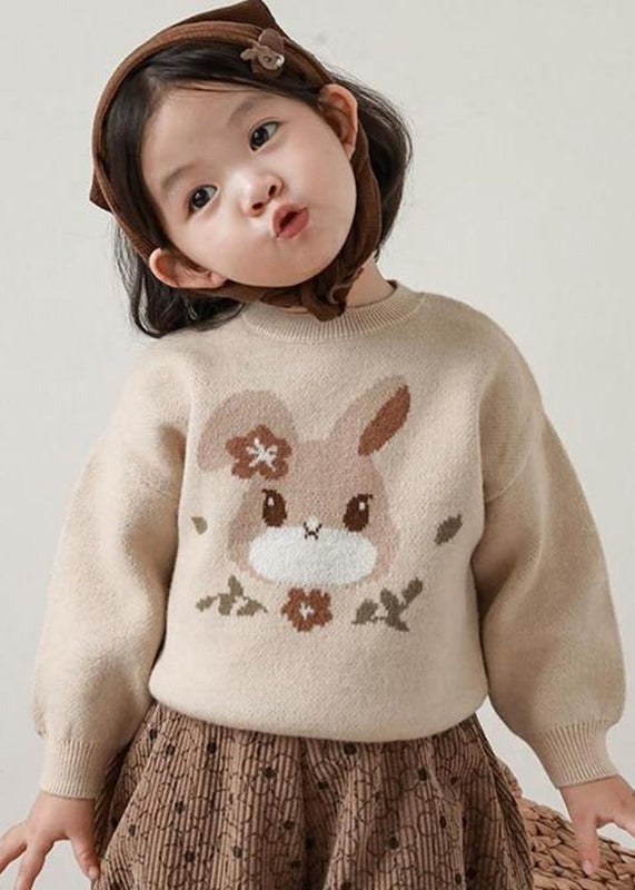 Loose Apricot O-Neck Print Cotton Knit Kids Sweater Winter