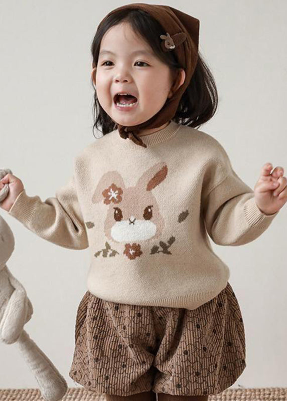 Loose Apricot O-Neck Print Cotton Knit Kids Sweater Winter