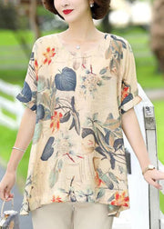 Loose Apricot O Neck Print Cotton T Shirts Short Sleeve