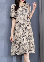 Loose Apricot O Neck Print Silk Dress Short Sleeve