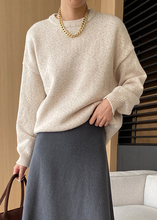 Loose Apricot O Neck Solid Cozy Knit Sweaters Fall