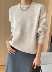 Loose Apricot O Neck Solid Cozy Knit Sweaters Fall