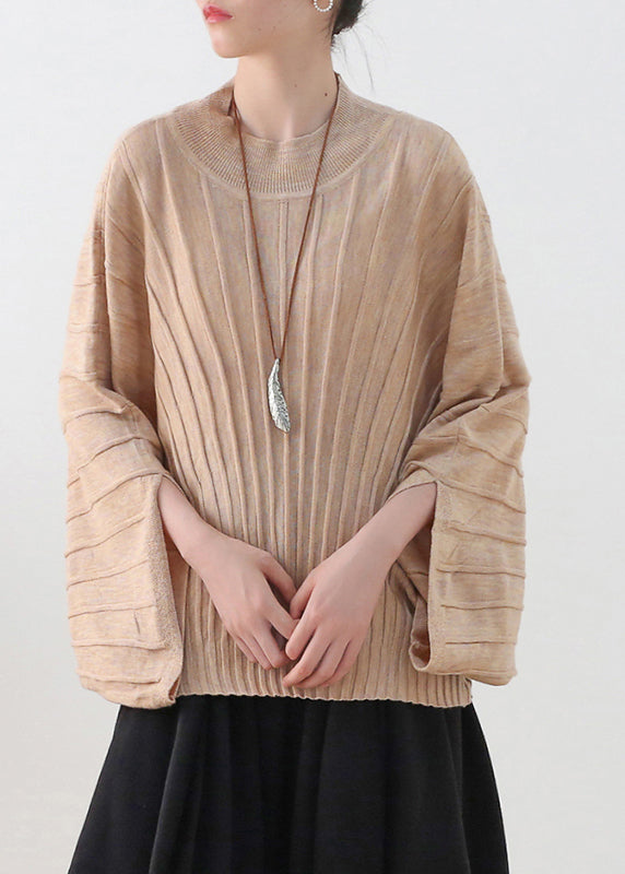 Loose Apricot O-Neck Woolen Knit Sweater Batwing Sleeve