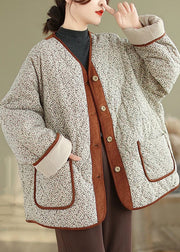 Loose Apricot Print Pockets Patchwork Warm Fleece Coat Winter