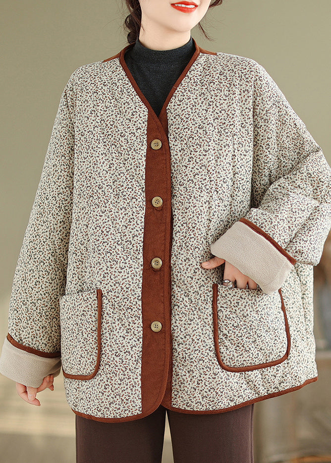 Loose Apricot Print Pockets Patchwork Warm Fleece Coat Winter