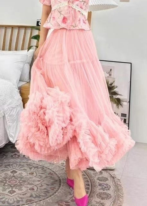 Loose Apricot Ruffled Elastic Waist Tulle Skirts Summer