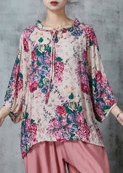 Loose Apricot Ruffled Print Linen Blouse Top Summer