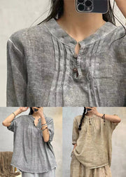 Loose Apricot Stand Collar Button Cotton Top Summer