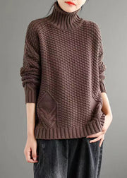 Loose Apricot Turtleneck Patchwork Knitted Cotton Sweaters Fall