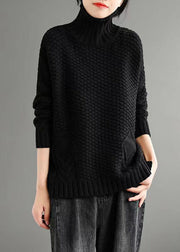 Loose Apricot Turtleneck Patchwork Knitted Cotton Sweaters Fall