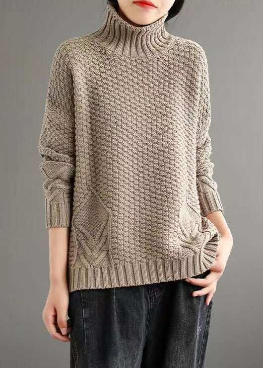 Loose Apricot Turtleneck Patchwork Knitted Cotton Sweaters Fall