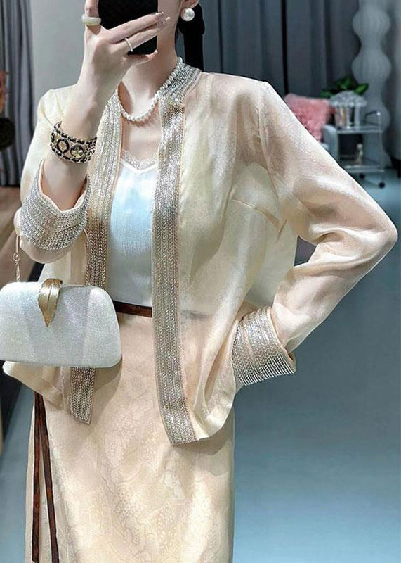 Loose Apricot V Neck Nail Bead Patchwork Silk Cardigan Fall